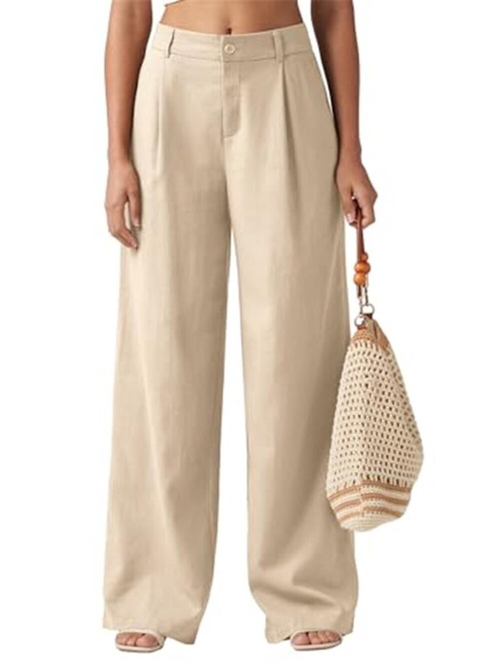 Linen Cotton Wide Leg Pants Khaki Elastic Waist Pockets Work Casual Trousers